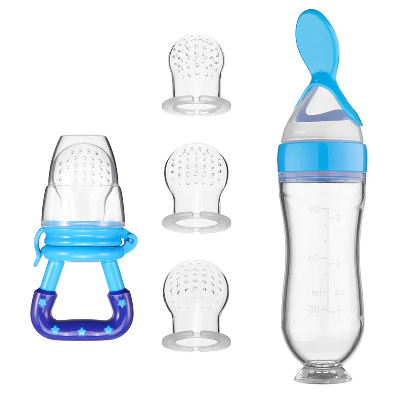 Baby Feeding Set (5pcs) – Spoon Bottle & Silicone Fruit Pacifier