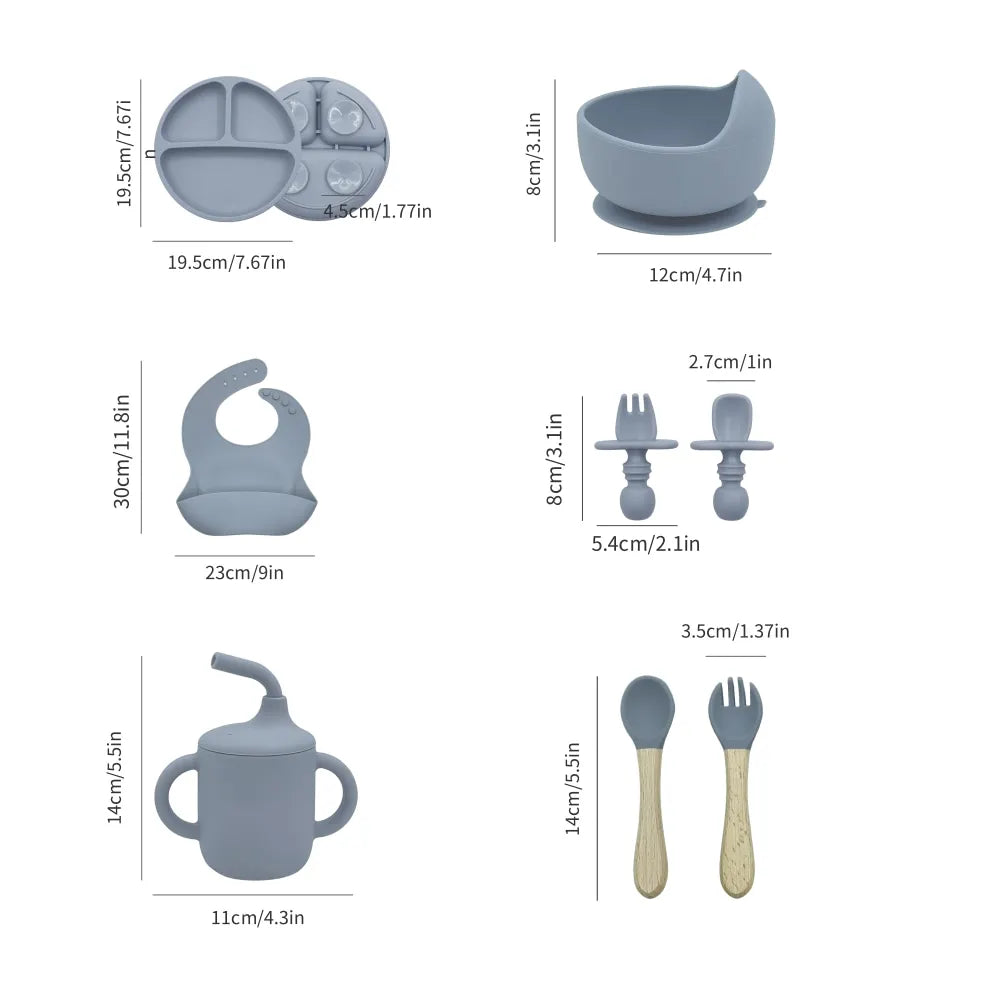 Complete Feeding Set – 8 Pieces Silicone (Bowl, Plate, Cutlery and more)