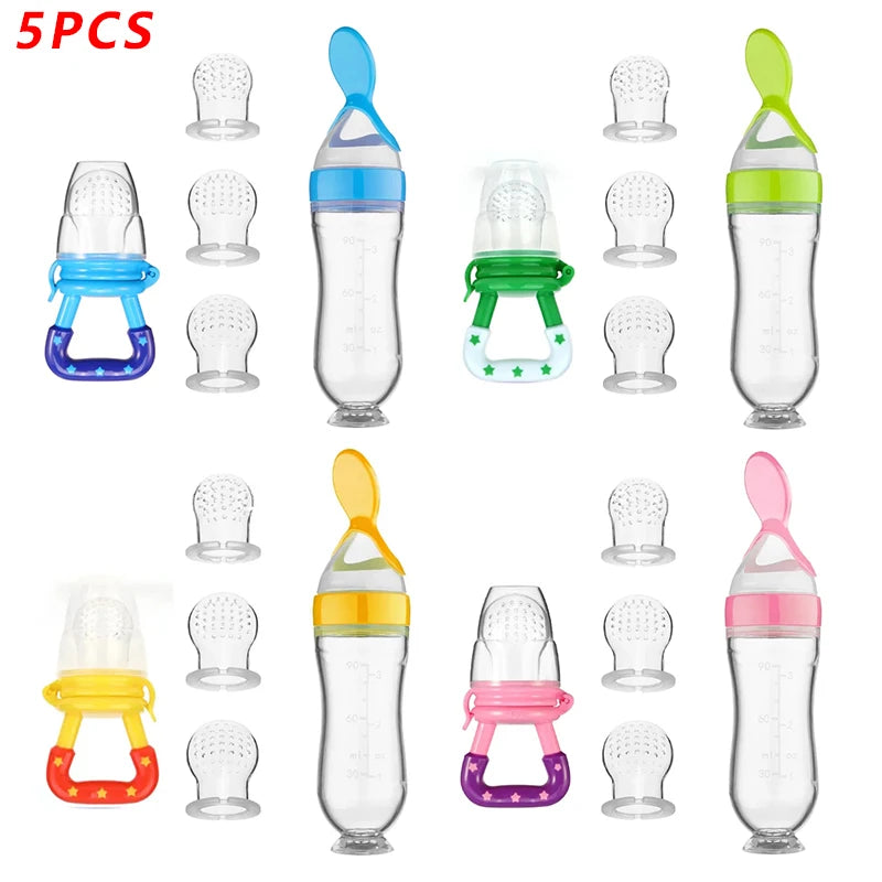 Baby Feeding Set (5pcs) – Spoon Bottle & Silicone Fruit Pacifier